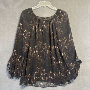Kobi Halperin 100% Silk Animal Print Ruffle Sleeve Top Womens Size M Brown Fairy